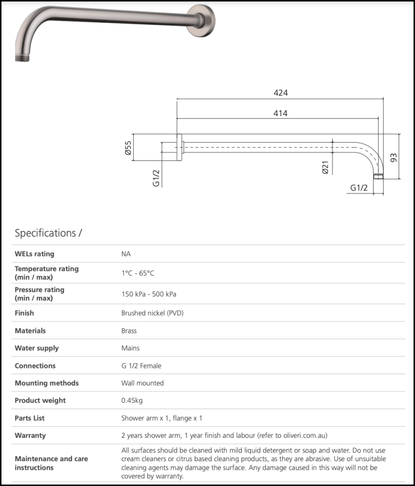 Oliveri Ro15240Bn Rome Brushed Nickel Wall Mounted Shower Arm Showers