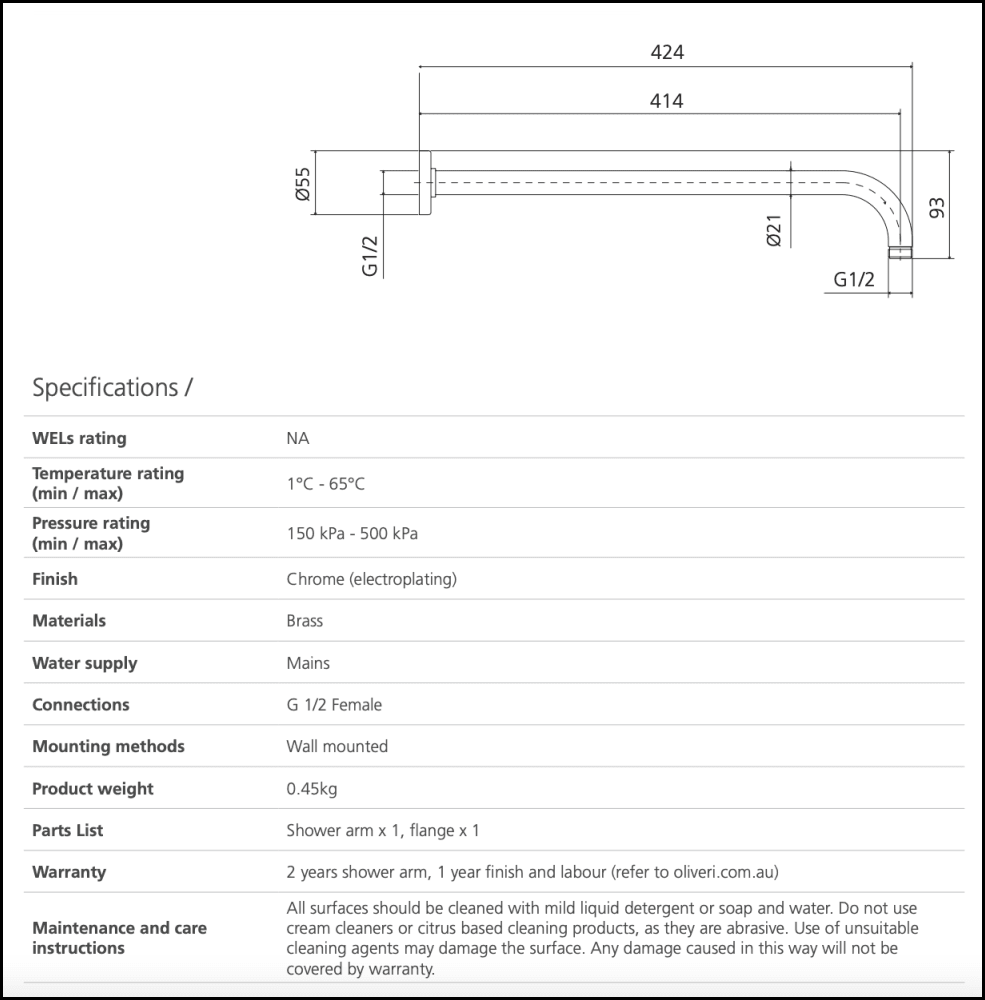 Oliveri Ro15240Cr Rome Chrome Wall Mounted Shower Arm Showers