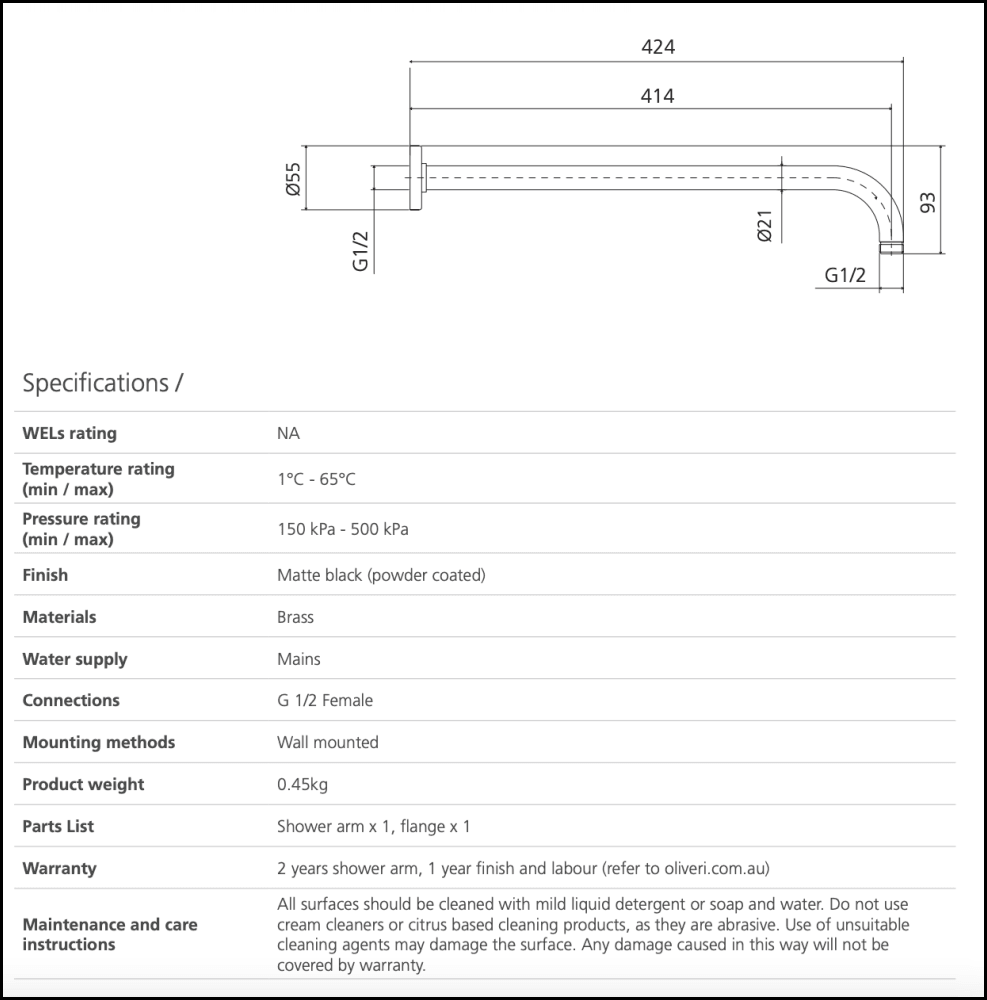 Oliveri Ro15240Mb Rome Matte Black Wall Mounted Shower Arm Showers