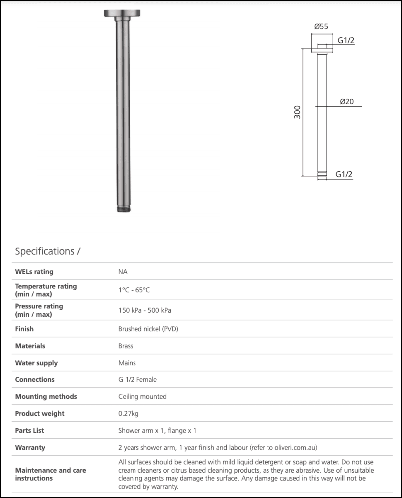 Oliveri Ro15293Bn Rome Brushed Nickel Ceiling Mounted Shower Arm Showers