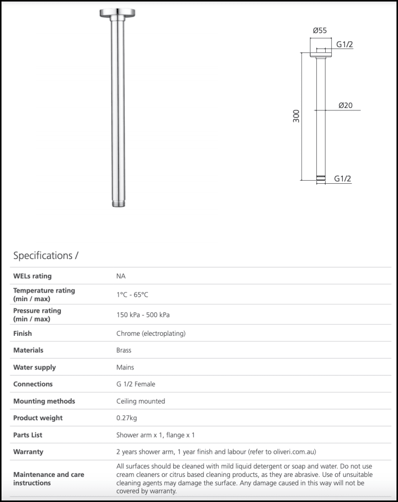 Oliveri Ro15293Cr Rome Chrome Ceiling Mounted Shower Arm Showers