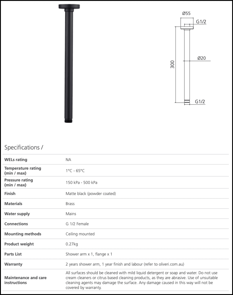 Oliveri Ro15293Mb Rome Matte Black Ceiling Mounted Shower Arm Showers