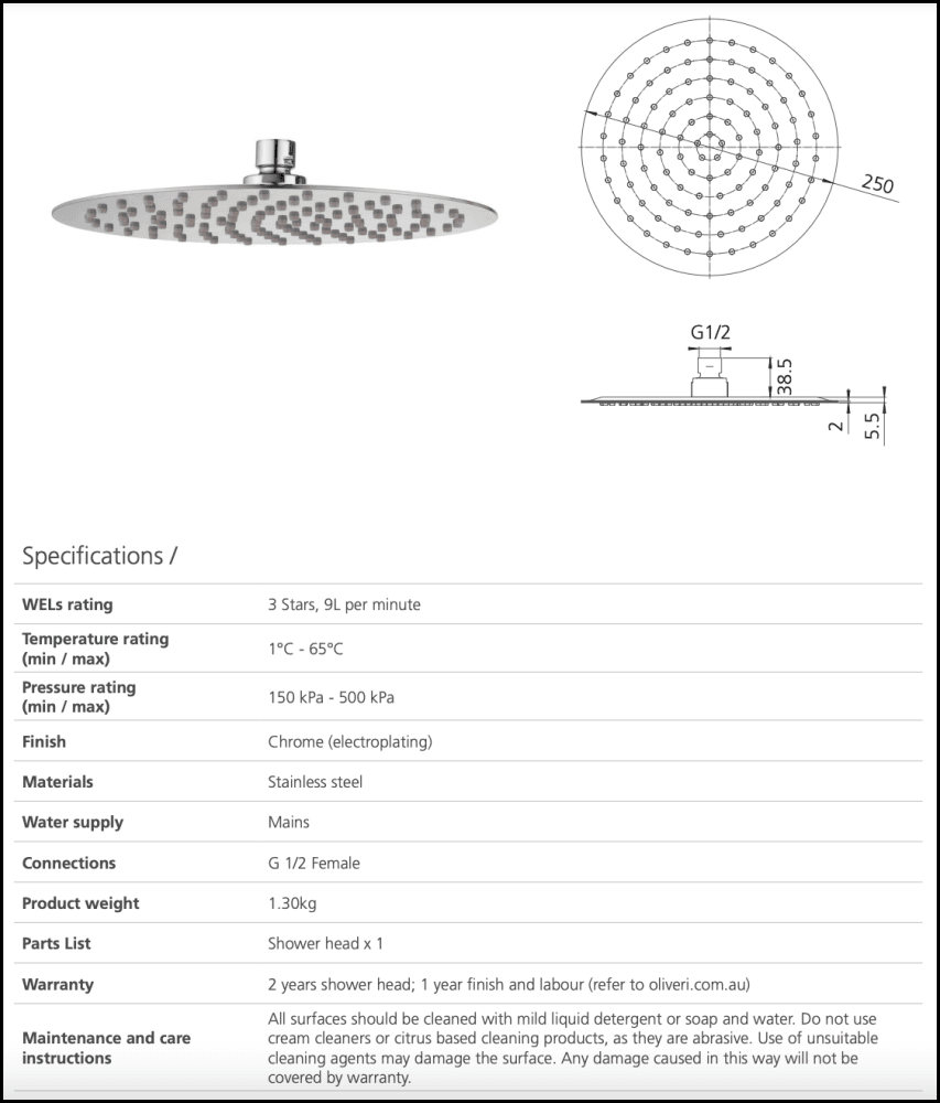 Oliveri Ro35400Cr Rome Chrome Ultra Thin Shower Rose Showers