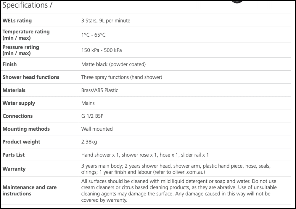 Oliveri Ro36341Mb Rome Matte Black Dual Shower Set - Special Order Showers