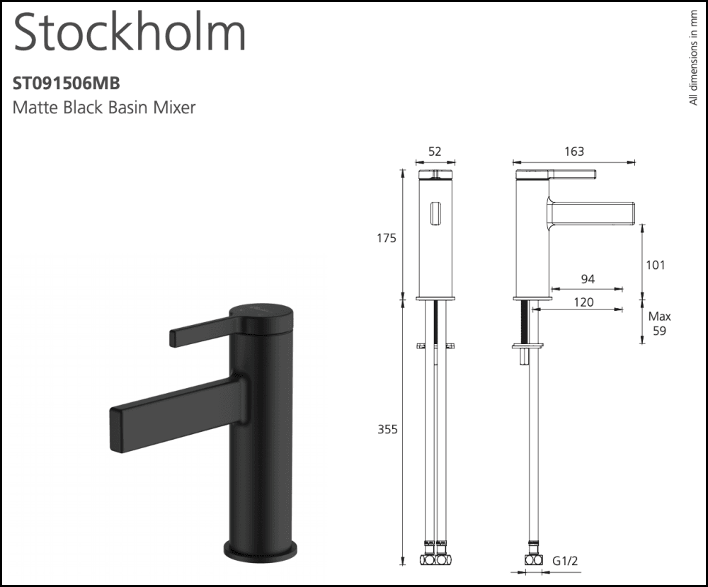 Oliveri Stockholm St091506Mb Matte Black Basin Mixer Mixers