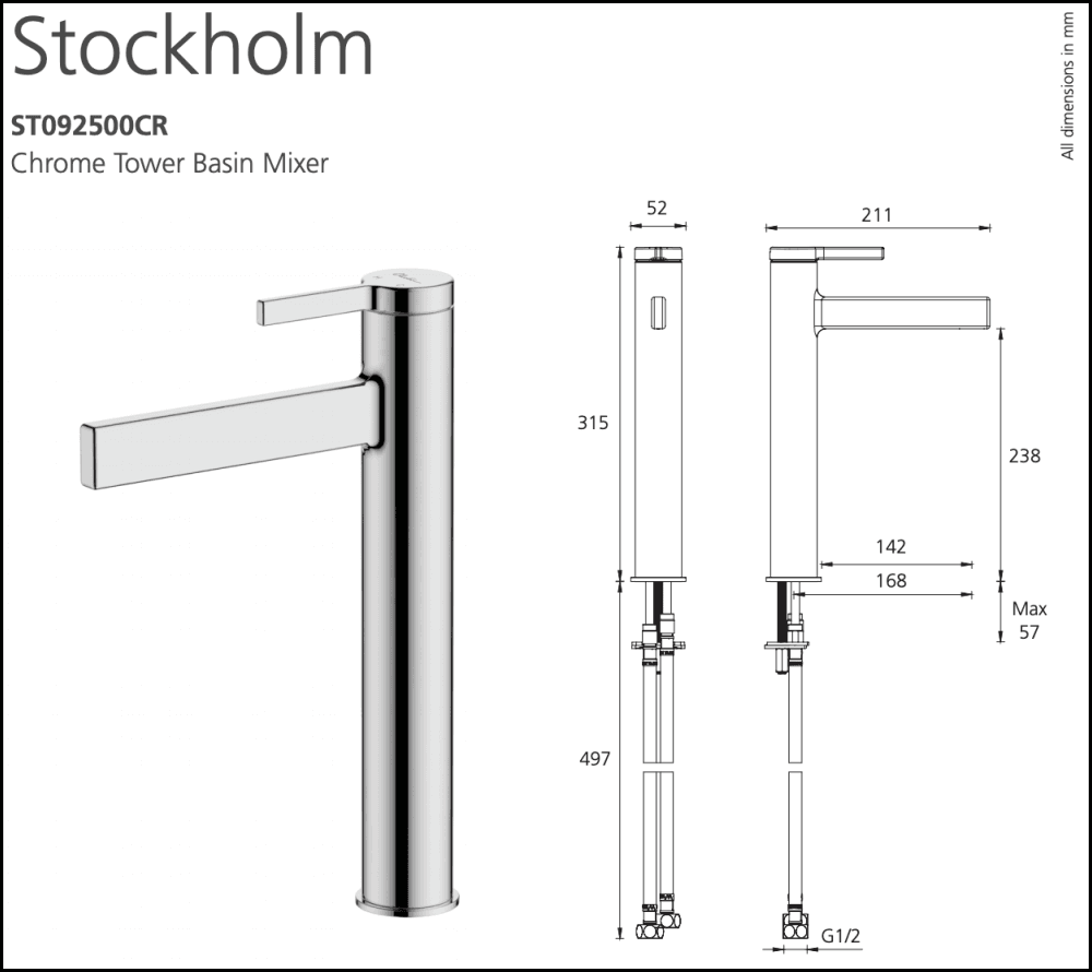 Oliveri Stockholm St092500Cr Chrome Basin Tower Mixer Mixers