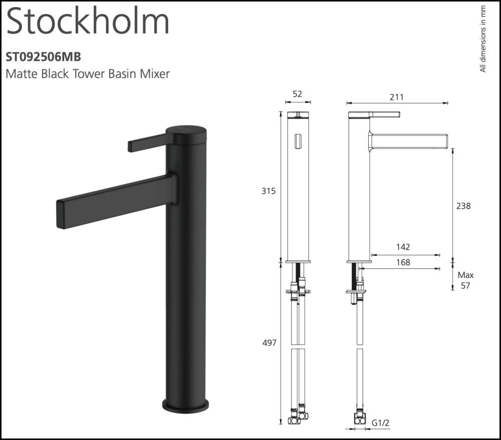 Oliveri Stockholm St092506Mb Matte Black Basin Tower Mixer Mixers