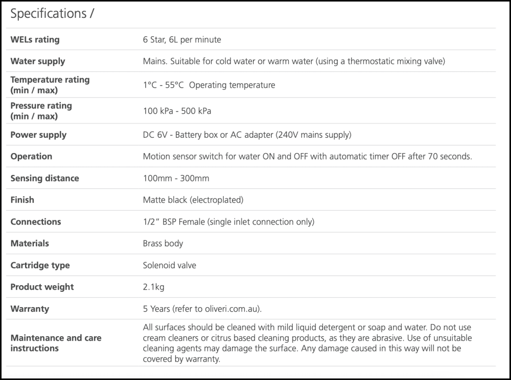 Oliveri Ve401Mb Venice Black Wall Mounted Sensor Tap Spouts