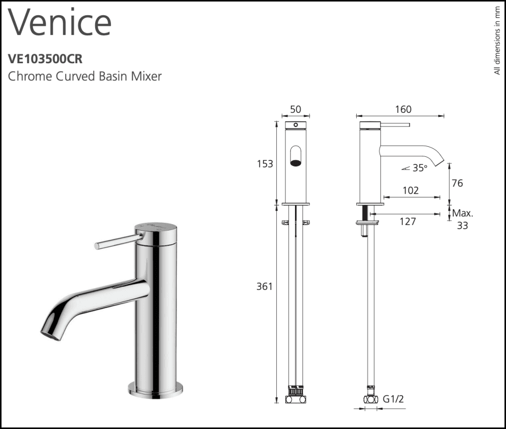 Oliveri Venice Ve103500Cr Chrome Curved Basin Mixer Mixers