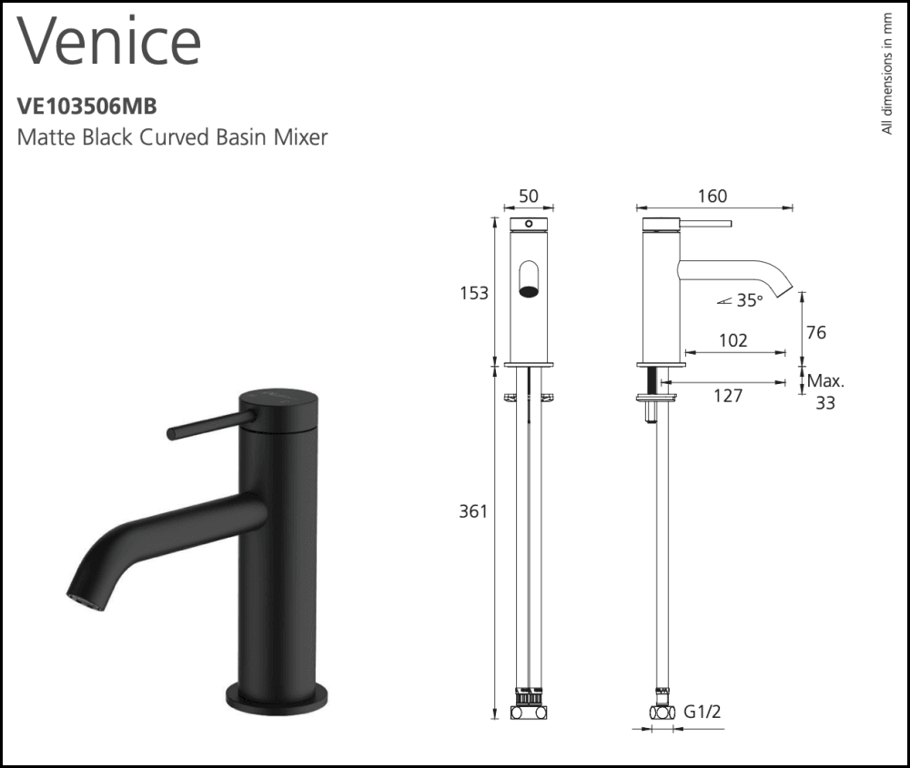 Oliveri Venice Ve103506Mb Matte Black Curved Basin Mixer Mixers