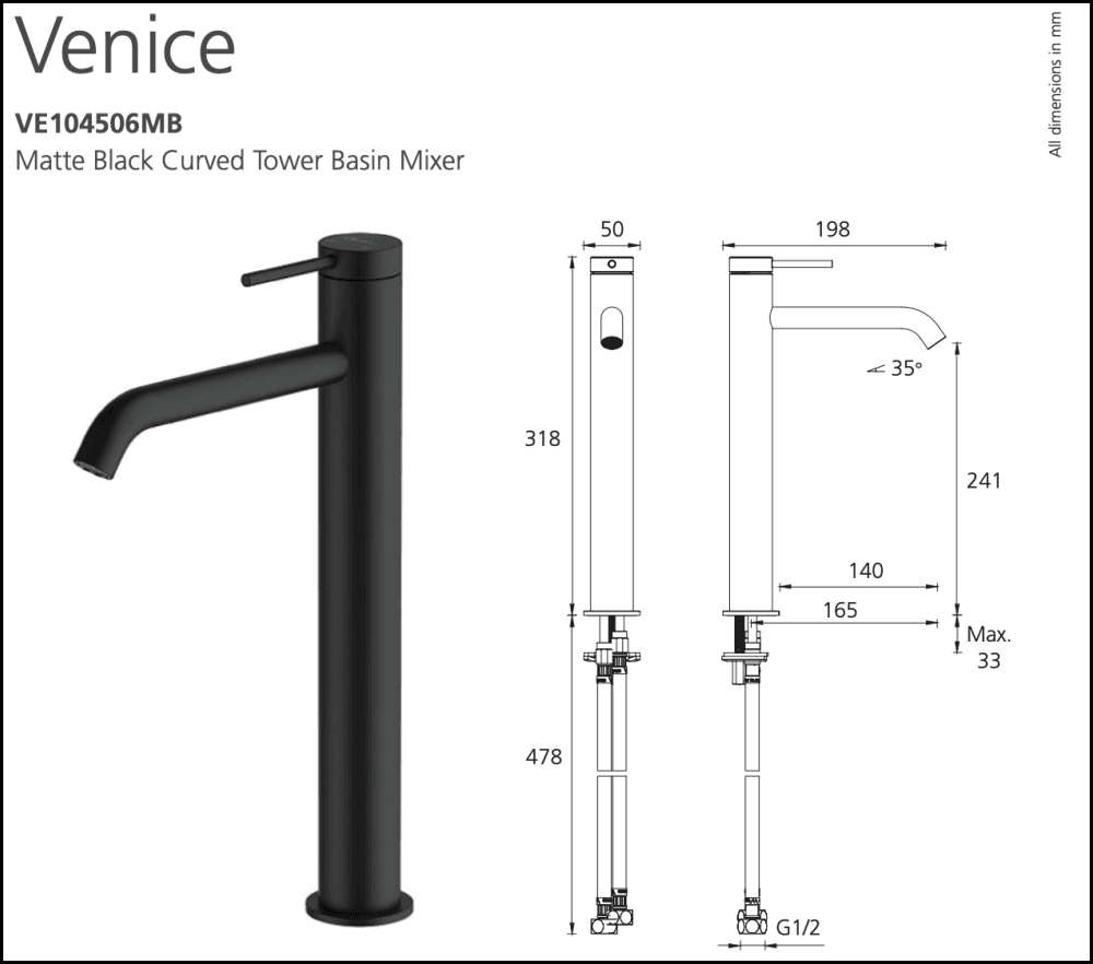 Oliveri Venice Ve104506Mb Curved Matte Black Basin Tower Mixer Mixers