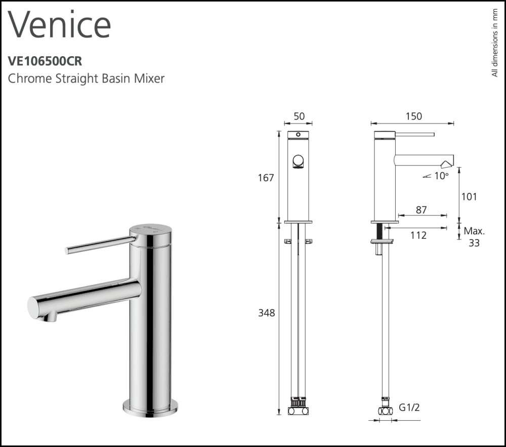 Oliveri Venice Ve106500Cr Straight Chrome Basin Mixer Mixers