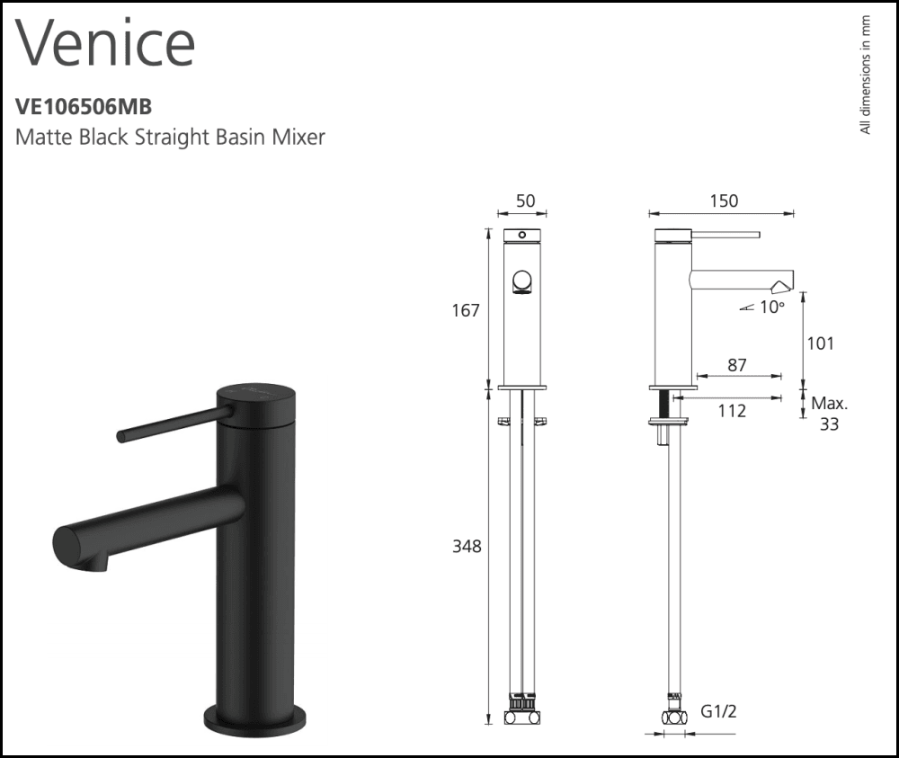 Oliveri Venice Ve106506Mb Matte Black Straight Basin Mixer Mixers