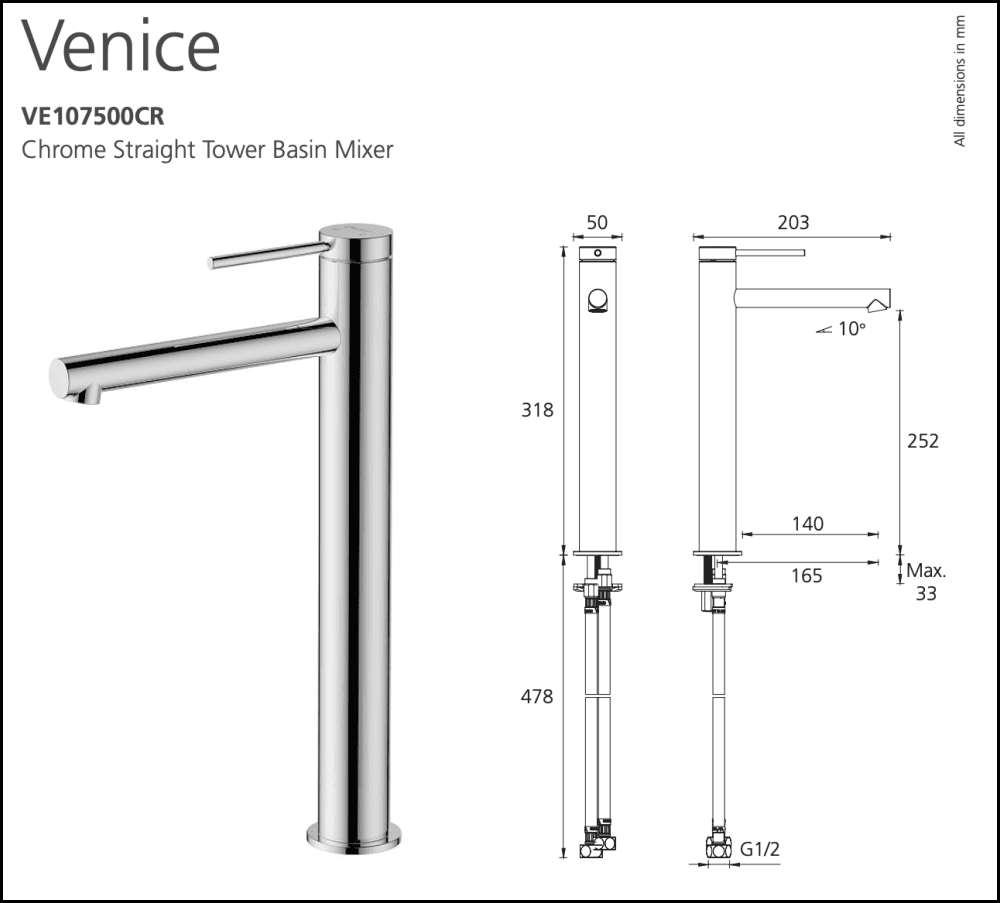 Oliveri Venice Ve107500Cr Straight Chrome Basin Tower Mixer Mixers