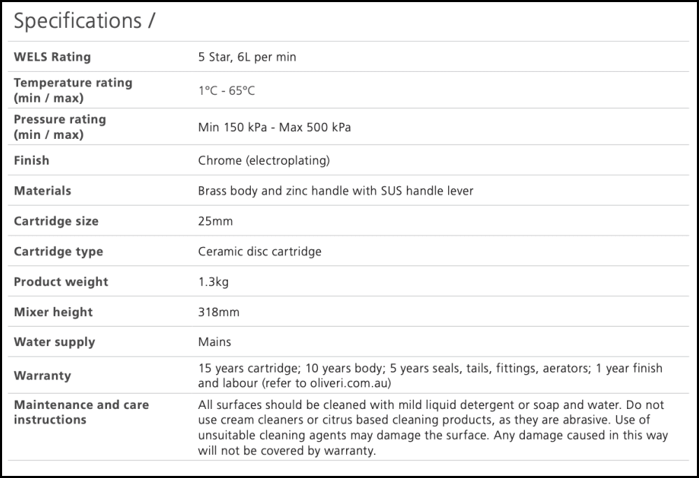 Oliveri Venice Ve107500Cr Straight Chrome Basin Tower Mixer Mixers