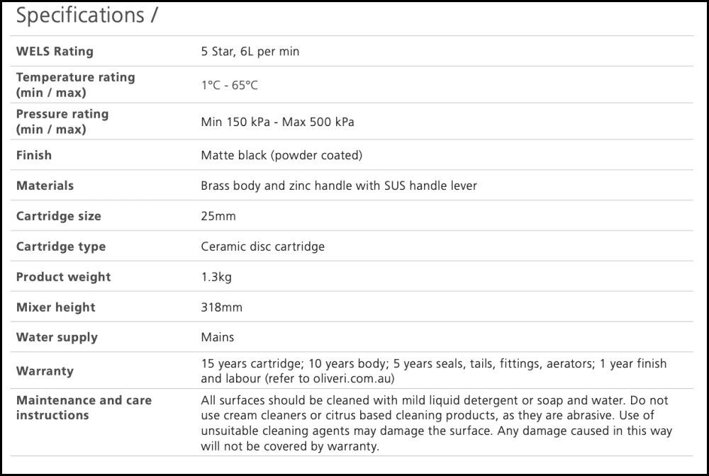 Oliveri Venice Ve107506Mb Matte Black Straight Tower Mixer Basin Mixers