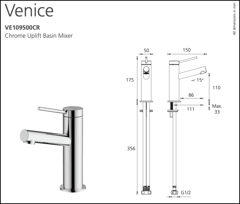 Oliveri Venice Ve109500Cr Chrome Uplift Basin Mixer Mixers