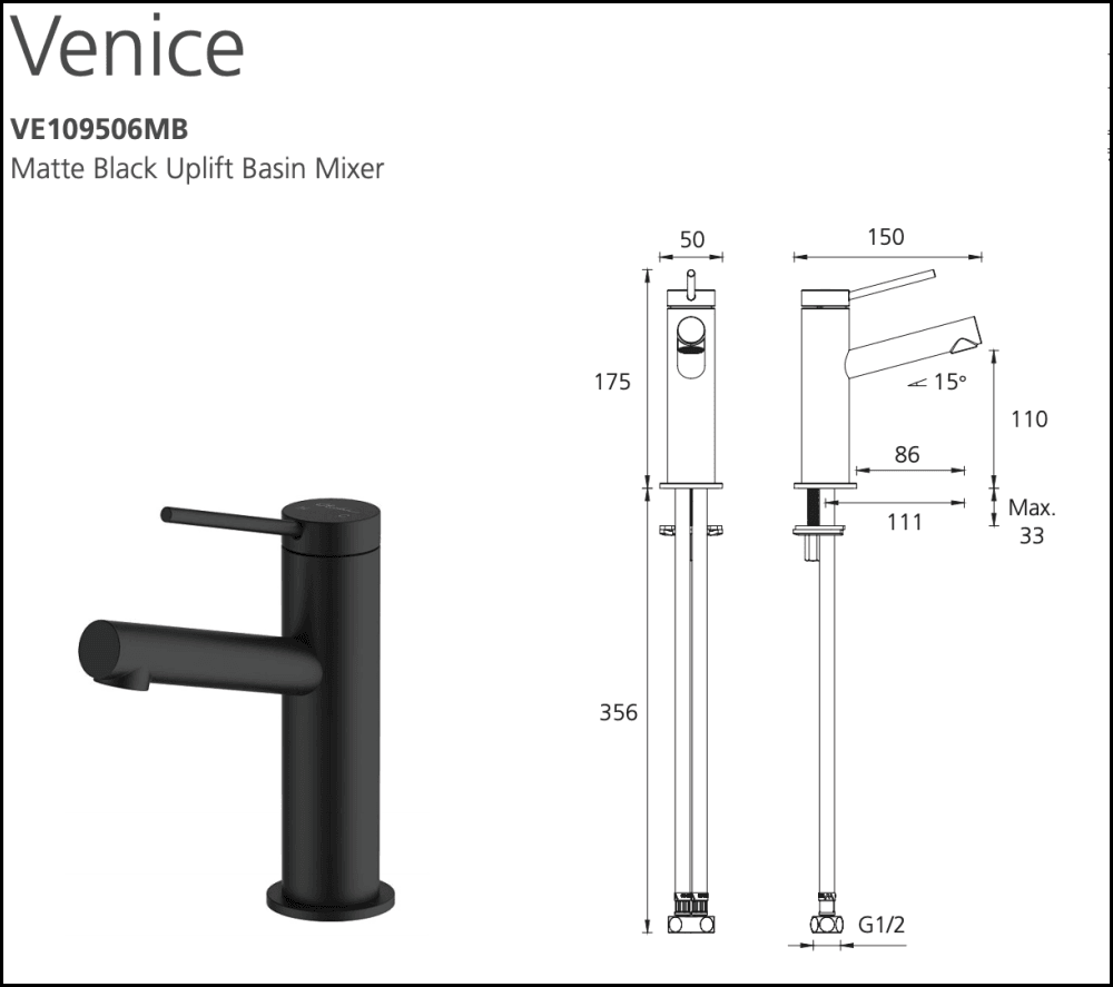 Oliveri Venice Ve109506Mb Matte Black Uplift Basin Mixer Mixers
