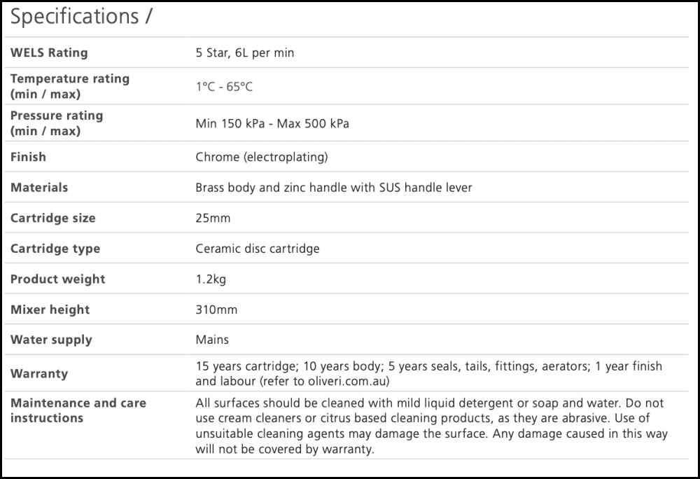 Oliveri Venice Ve110500Cr Chrome Uplift Basin Tower Mixer Mixers