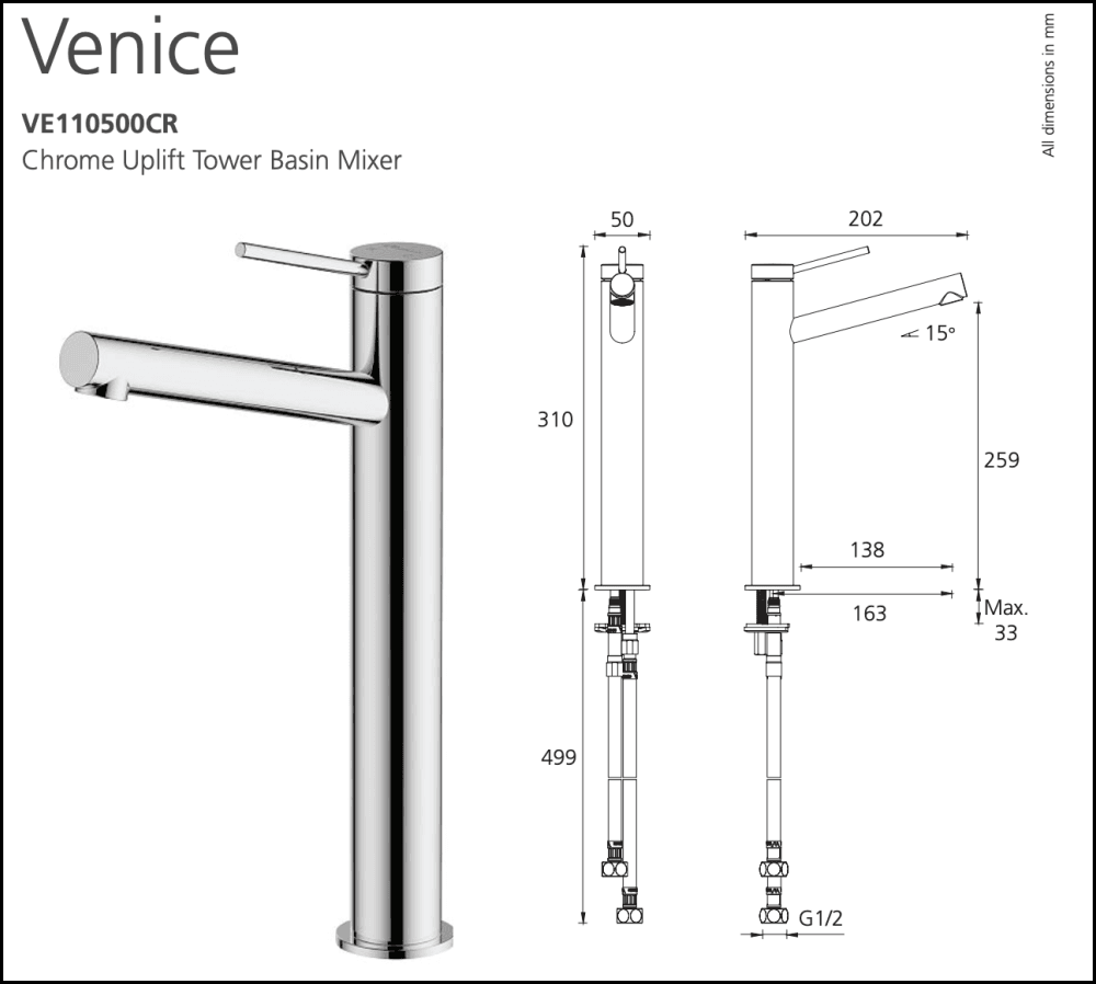 Oliveri Venice Ve110500Cr Chrome Uplift Basin Tower Mixer Mixers