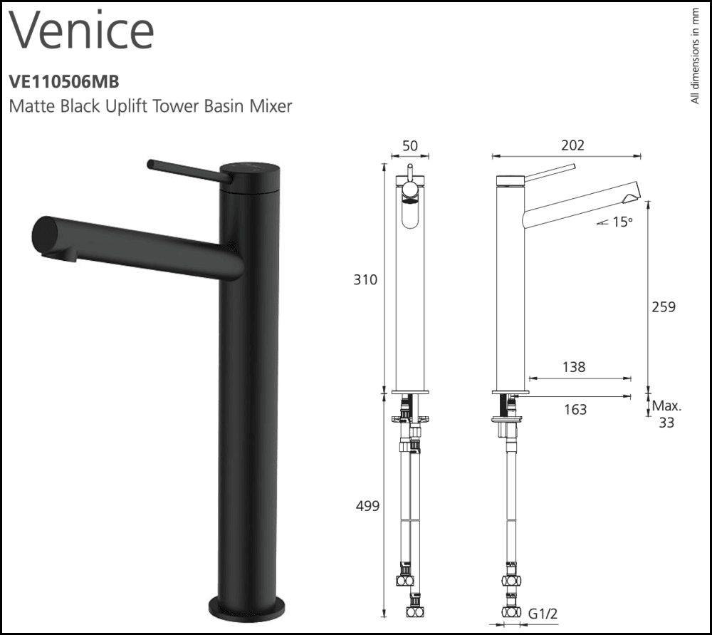 Oliveri Venice Ve110506Mb Matte Black Uplift Basin Tower Mixer Mixers