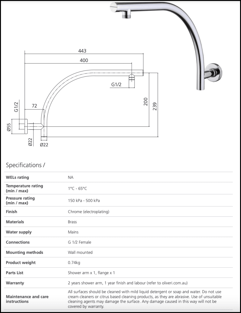 Rome Ro0008Cr Chrome Raised Wall Mounted Shower Arm Showers