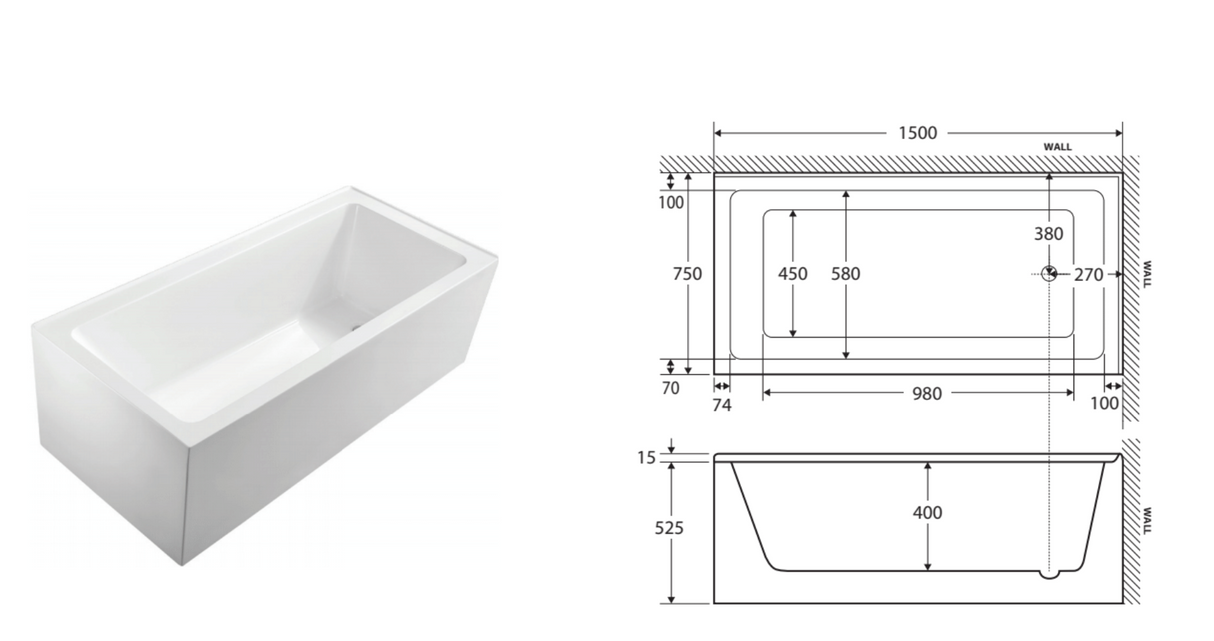 Fienza Sentor Acrylic Corner Bath 1500mm - Gloss White