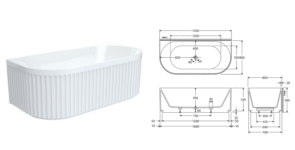 Fienza Eleanor Fluted Back To Wall Acrylic Bath 1700mm - Gloss White