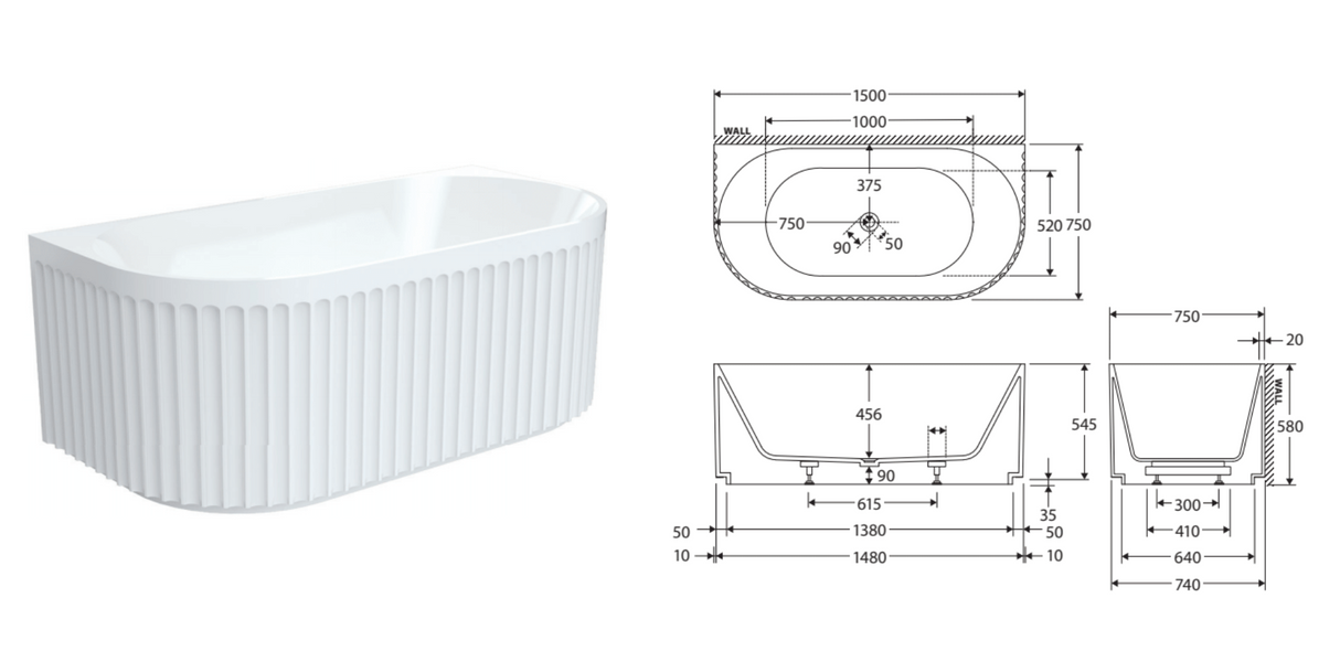 Fienza Eleanor Fluted Back To Wall Acrylic Bath 1500mm - Gloss White