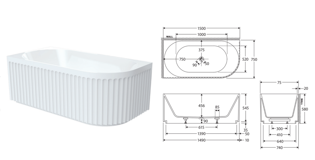 Fienza FR713-1500R Eleanor Fluted Right-Hand Acrylic Corner Bath, 1500mm
