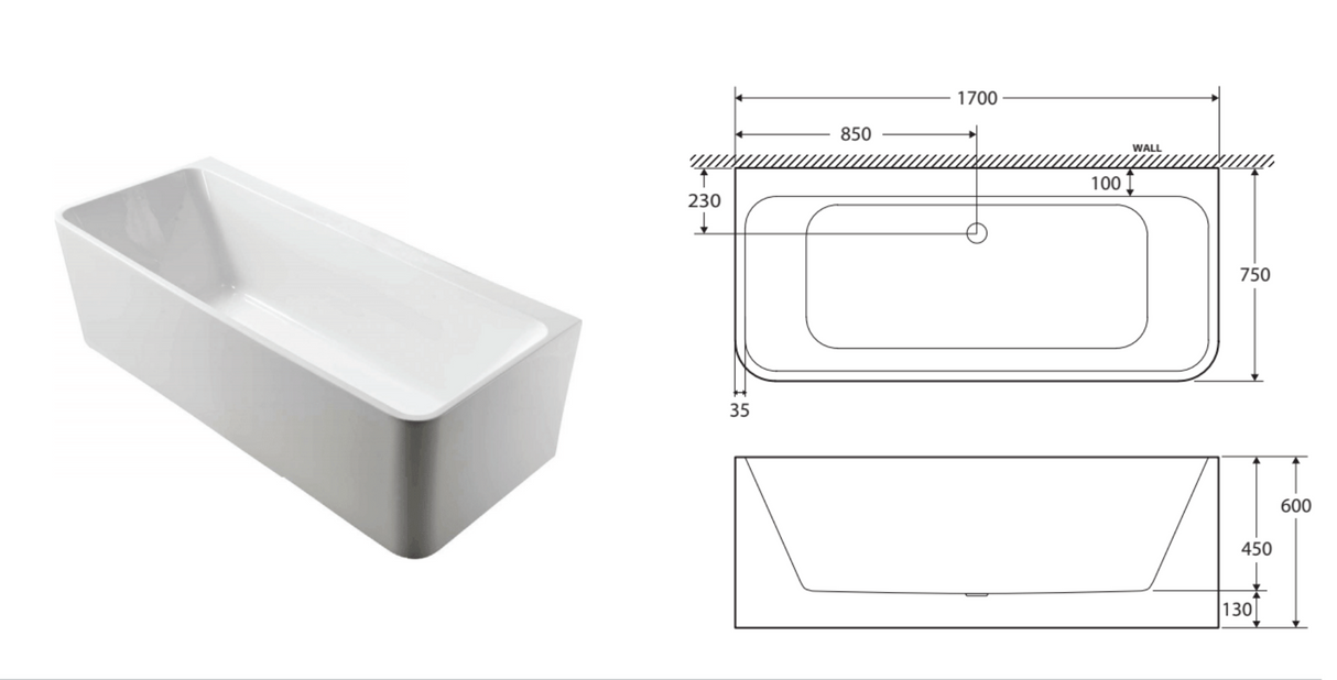 Fienza Delta Back to Wall Acrylic Bath 1700mm - Gloss White