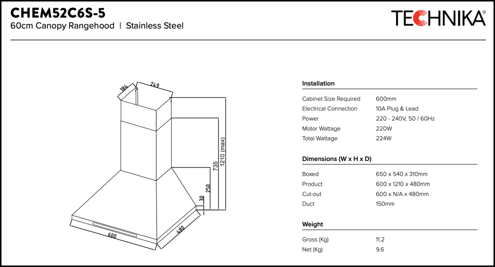 Technika CHEM52C6S5 60cm High Extraction Rangehood SA Appliance