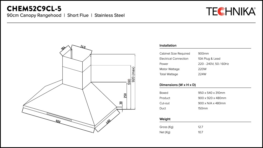 Technika Chem52C9Cl-5 90Cm High Extraction Rangehood - Special Order Canopy Rangehoods