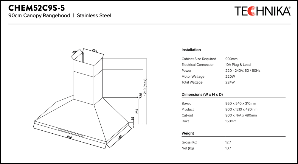 Technika Chem52C9S-5 90Cm High Extraction Rangehood Canopy Rangehoods