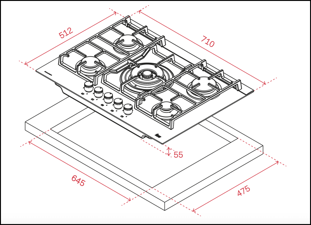 Teka Cgwlux705 71Cm 5 Burner Gas On Glass Cooktop - Clearance Stock