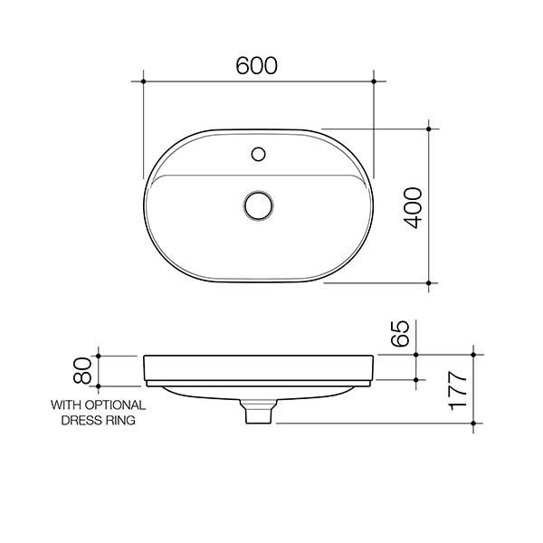 Caroma Liano II 600mm Pill Inset Basin with Tap Landing (1 Tap Hole) – White 853110W