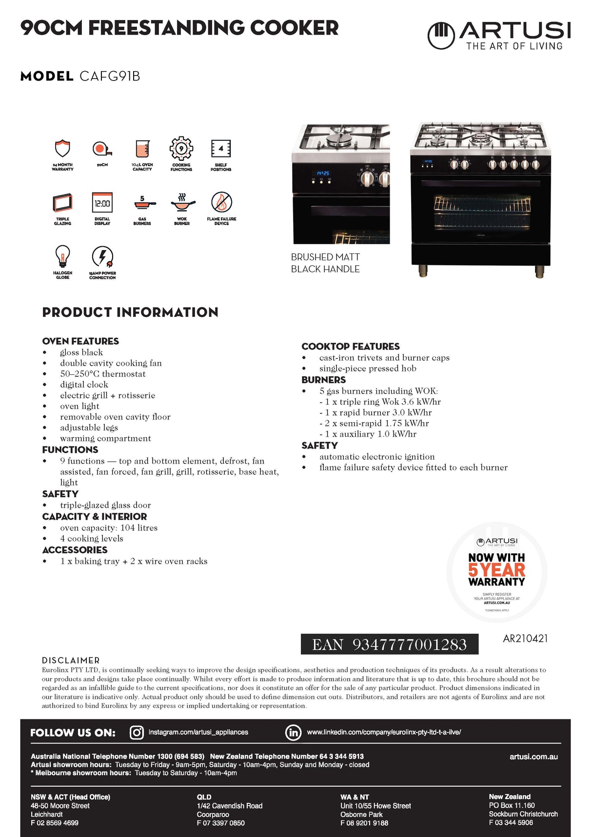 Artusi CAFG91B 90cm Freestanding Dual Fuel Stove, Black