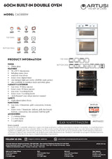 Artusi CAO888B 60cm Electric Built in Double Wall Oven, Black