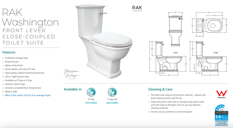 Fienza 060130WS RAK Washington Front Lever S-Trap 240mm Toilet Suite, White - Special Order