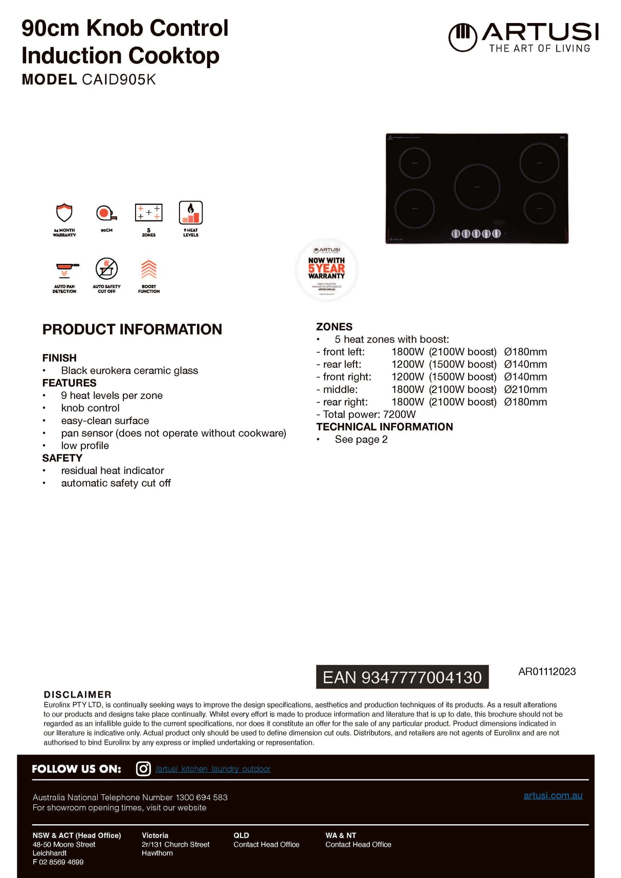 Artusi CAID905K 90cm Induction Cooktop with Knob Controls, Black Glass