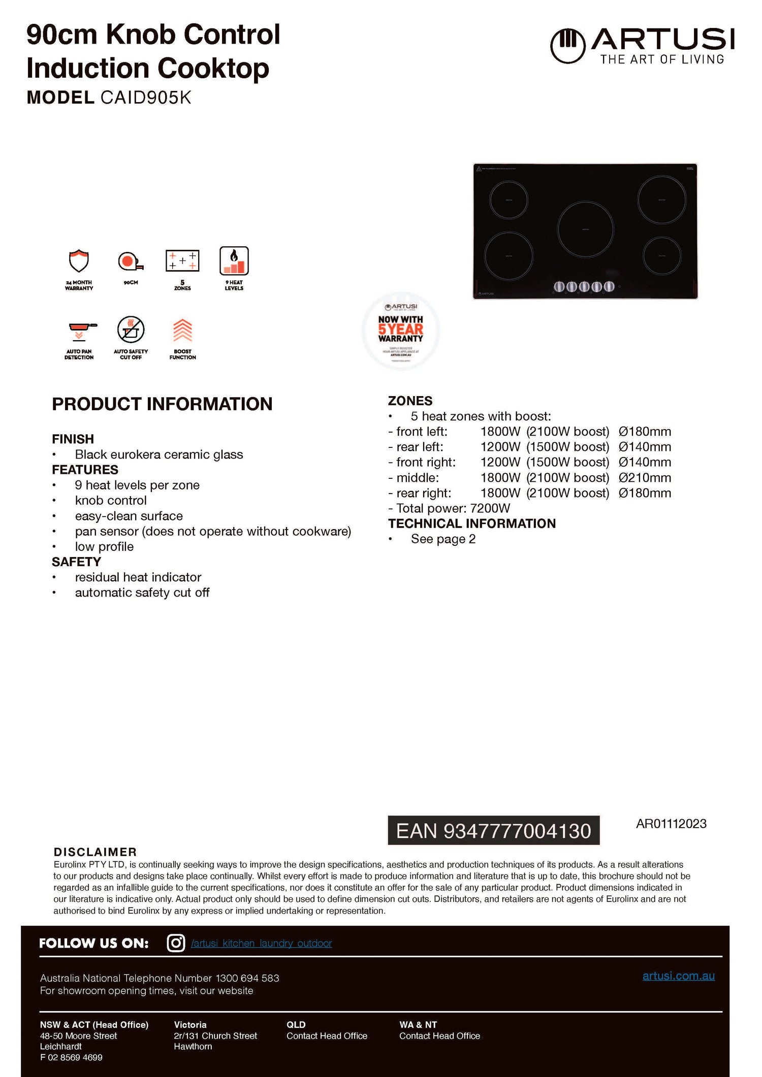 Artusi CAID905K 90cm Induction Cooktop with Knob Controls, Black Glass