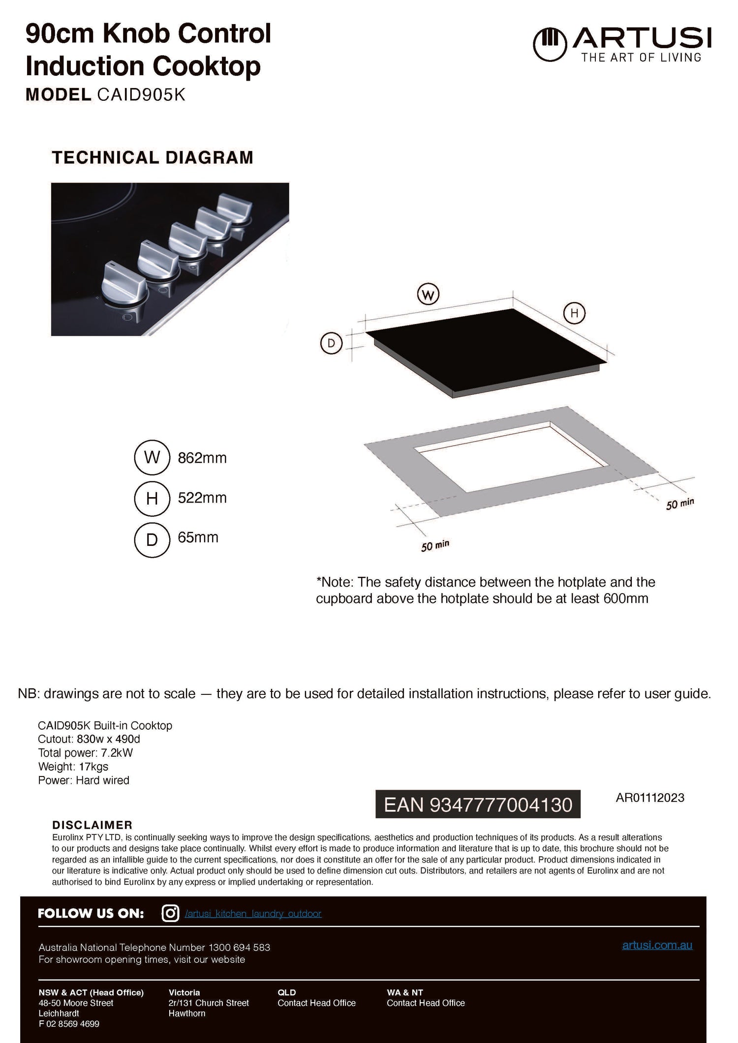 Artusi CAID905K 90cm Induction Cooktop with Knob Controls, Black Glass