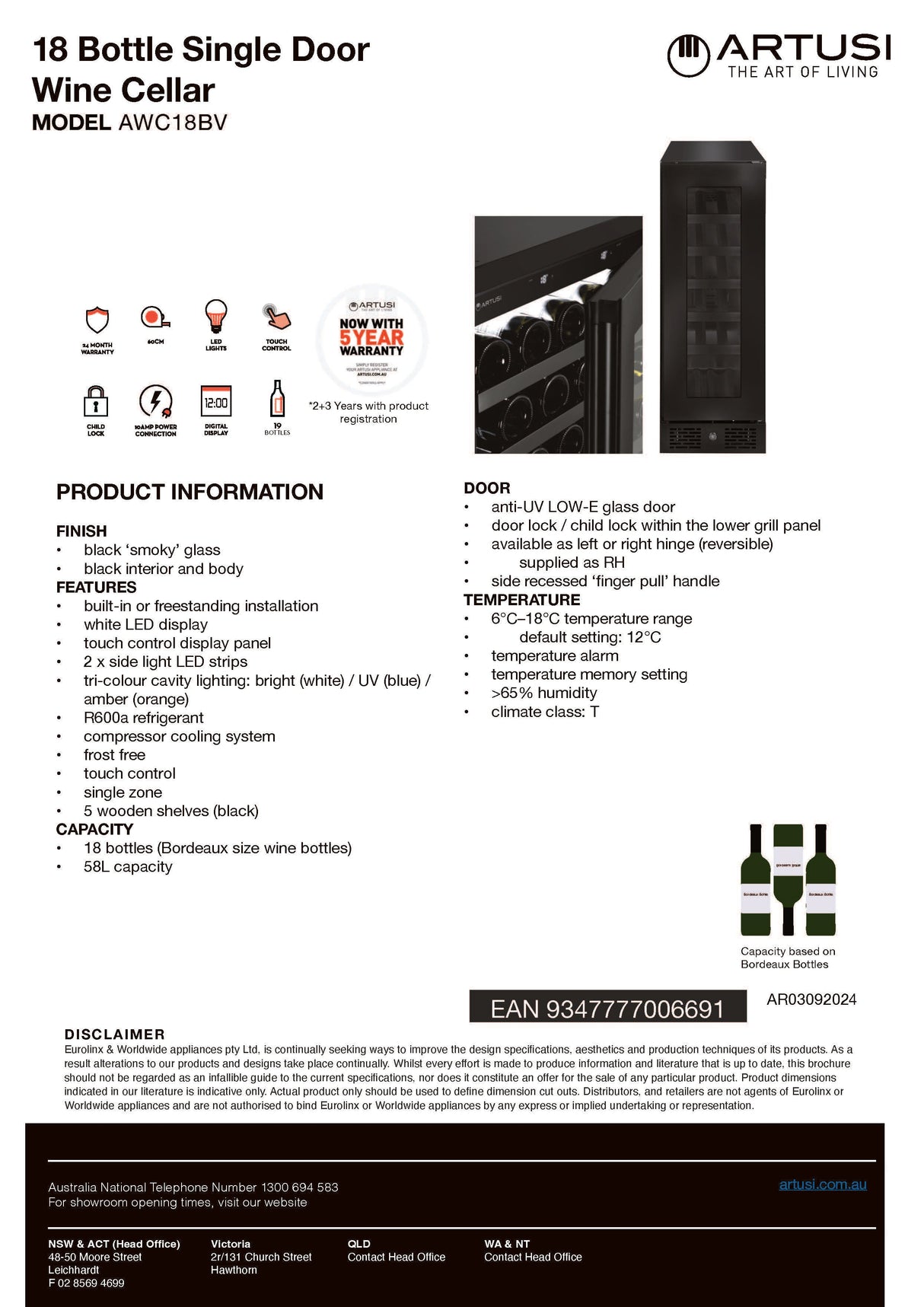 Artusi AWC18BV Single Zone Wine Cooler, 18 Bottle, Reversible Door, Matte Black