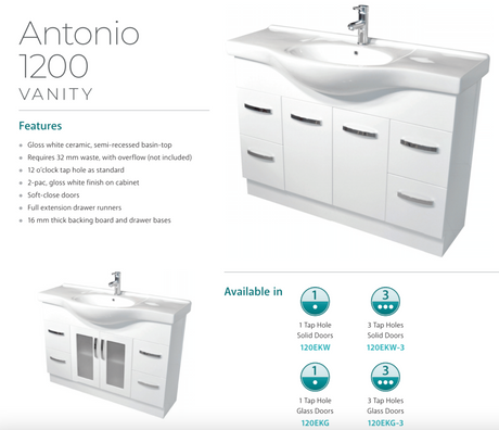 Fienza Antonio 120Ekw 1200Mm White Vanity Unit With Solid Doors - Special Order Units