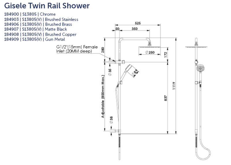 Greens Gisele Twin Rail 760mm Shower Matte Black 184907 - Special Order