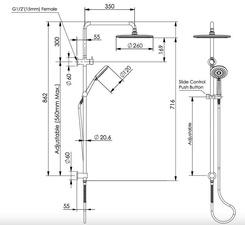 Greens Rocco Twin Rail Shower Gun Metal 187909 - Special Order