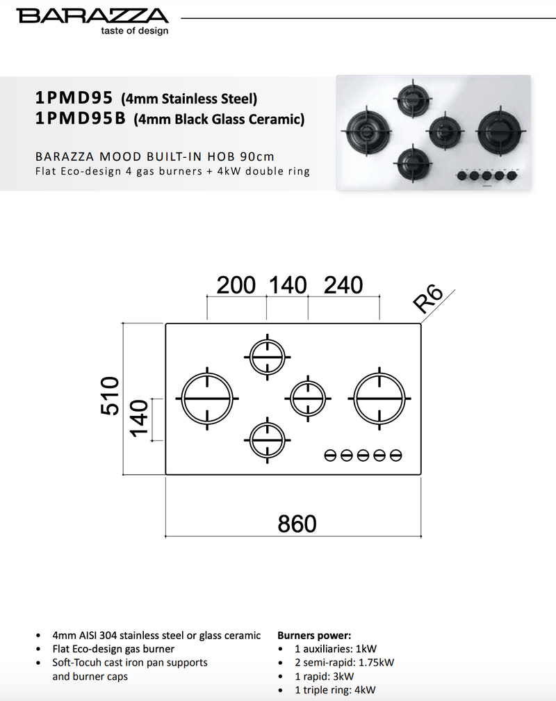 Abey Barazza 1PMD95B Cookop 86cm Mood 5 Burner Hob Black Glass Ceramic - Special Order