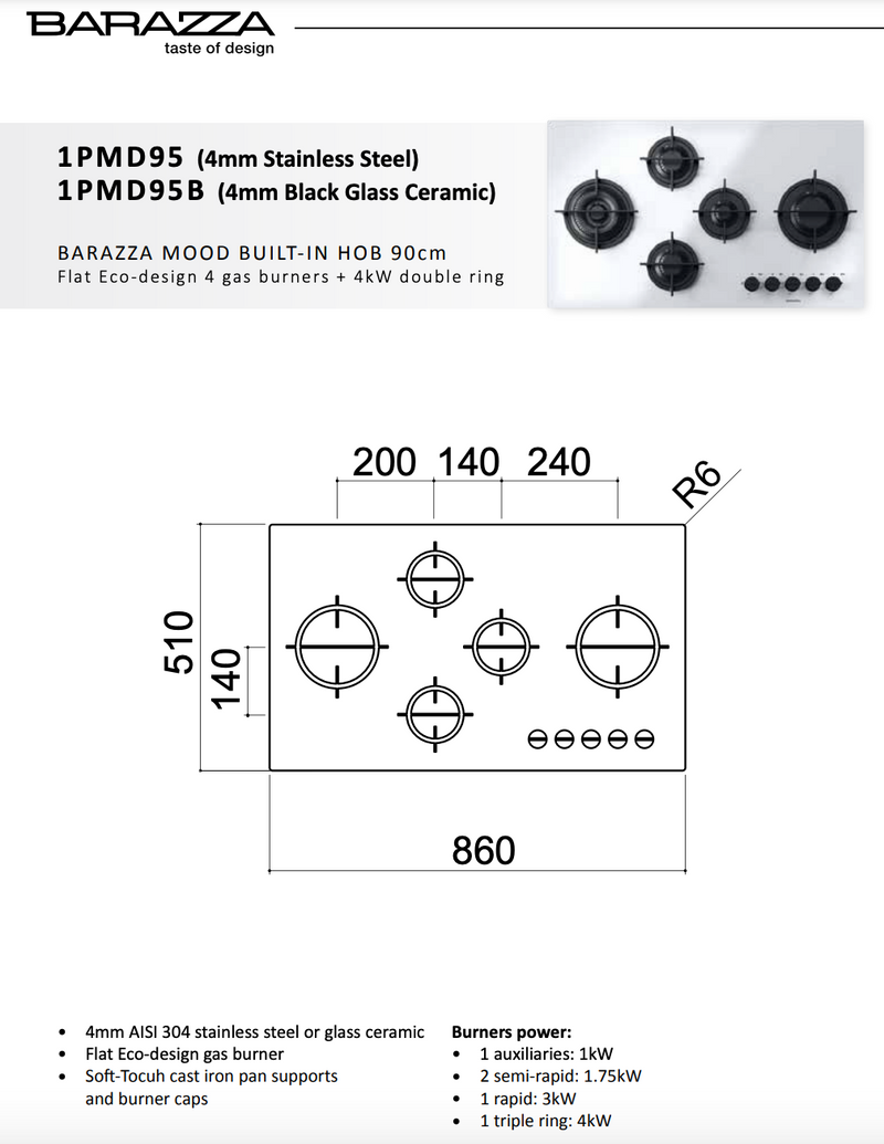 Abey Barazza 1PMD95 Cookop 86cm Mood 5 Burner Hob Stainless Steel - Special Order