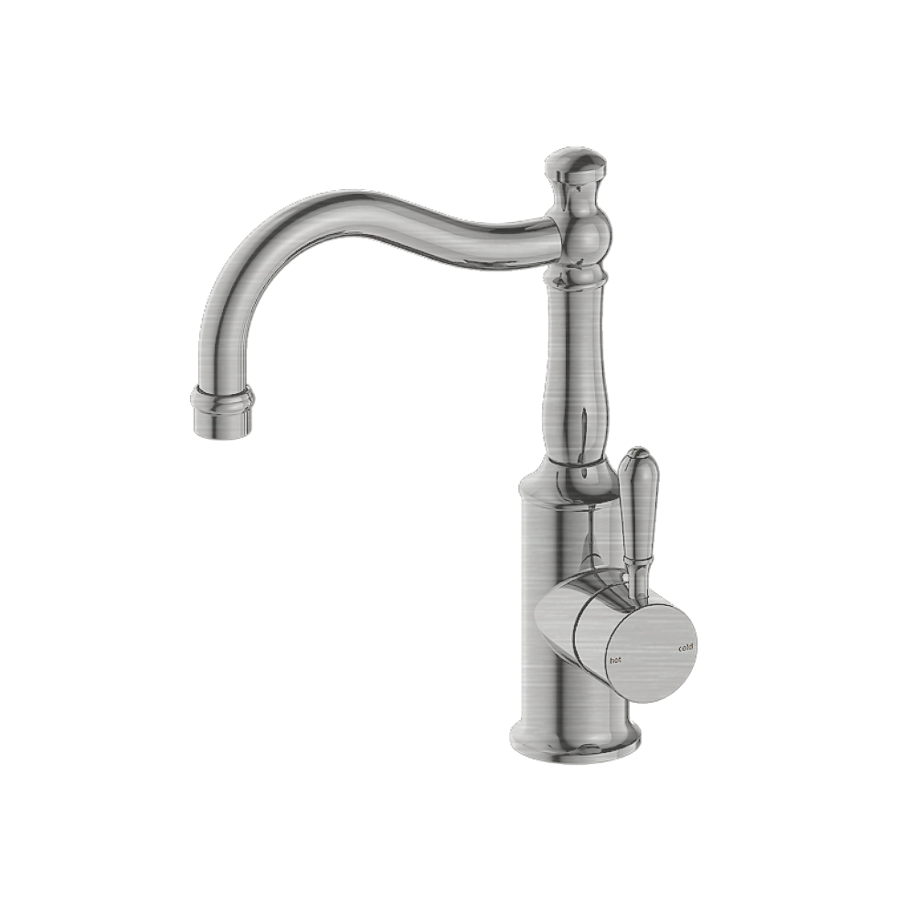 Nero York Tall Basin Mixer Hook Spout With Metal Lever, Brushed Nickel NR69210202BN