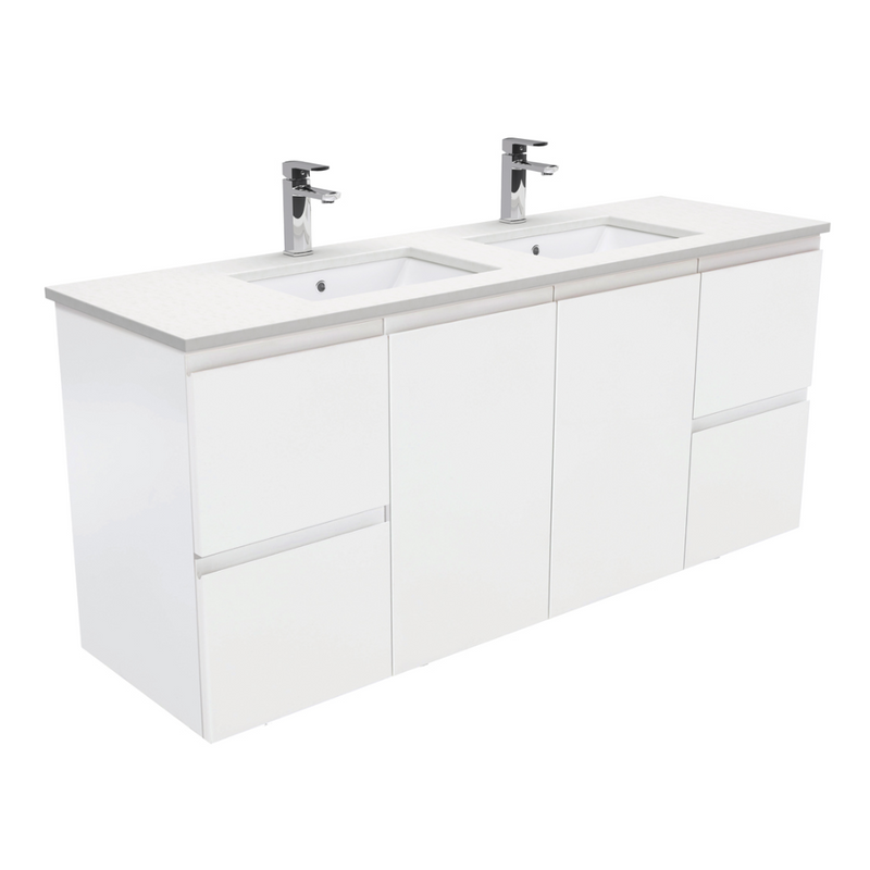 Fienza SC150ZD Crystal Pure Undermount Stone Top, Fingerupll 1500mm (Double Basin) Wall Hung Vanity Unit Satin White - Special Order